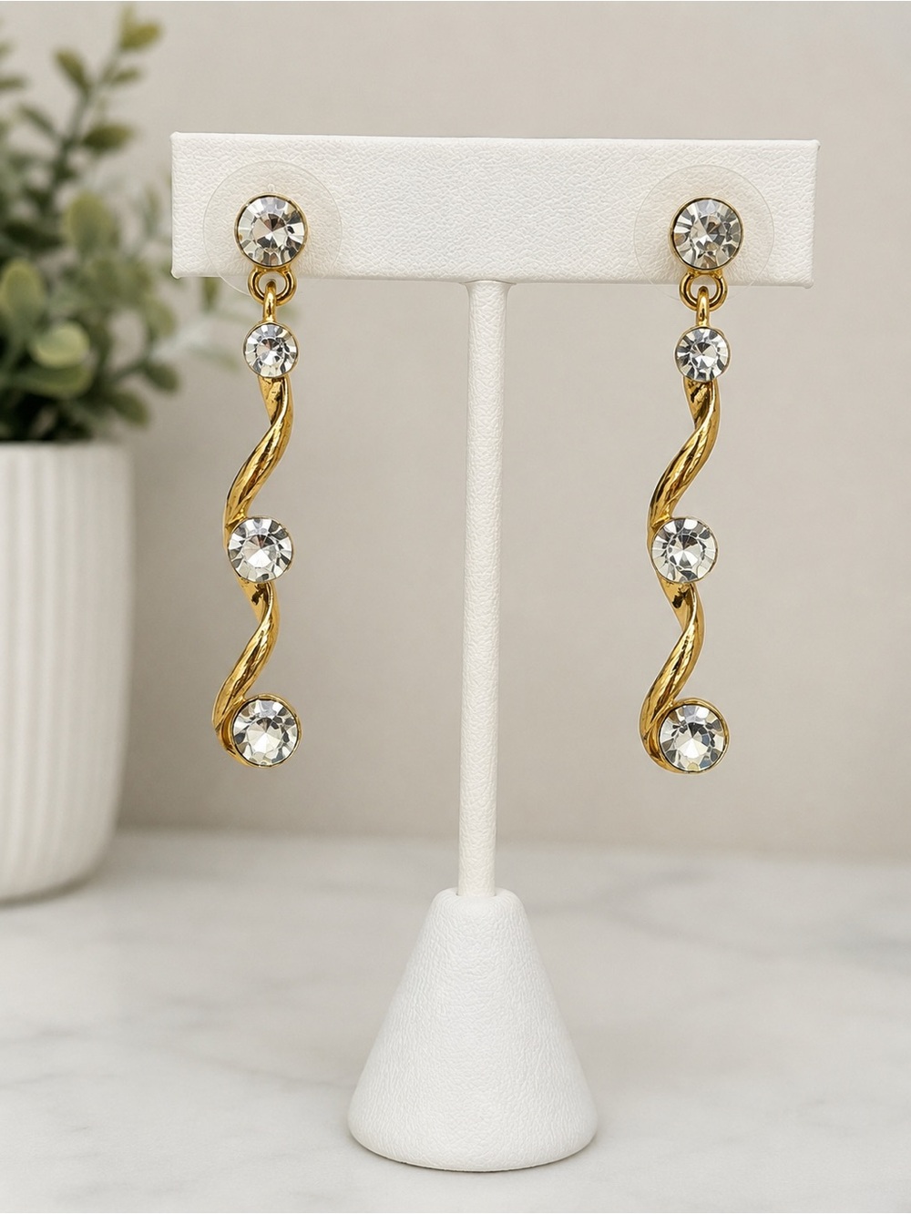 Gold Tone Crystal Rhinestone Spiral Dangle Statement Earrings